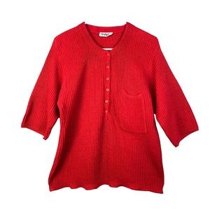 Vintage 70s Ribbed Knit Fitted Sweater 3/4 Sleeves Cherry Red Pocket M